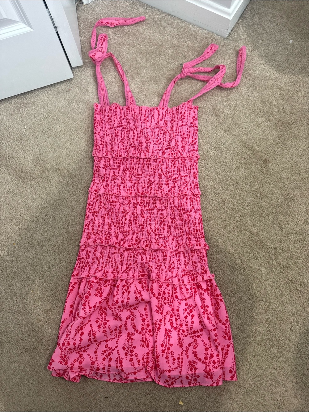Pink Smocked One-Piece Dress with Ties